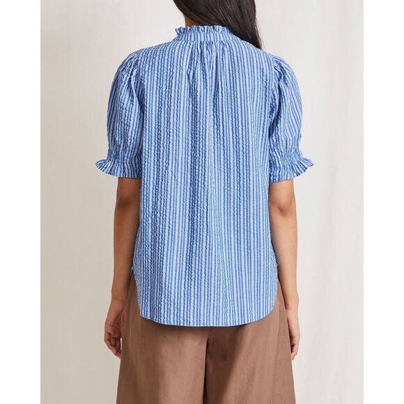 Apiece Apart Los Altos Top Blue Seersucker Stripe Puff Sleeve Henley SZ M - Picture 3 of 7